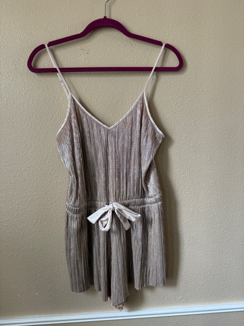 Victoria's Secret Metallic Beige Pleated Romper with beige Trim